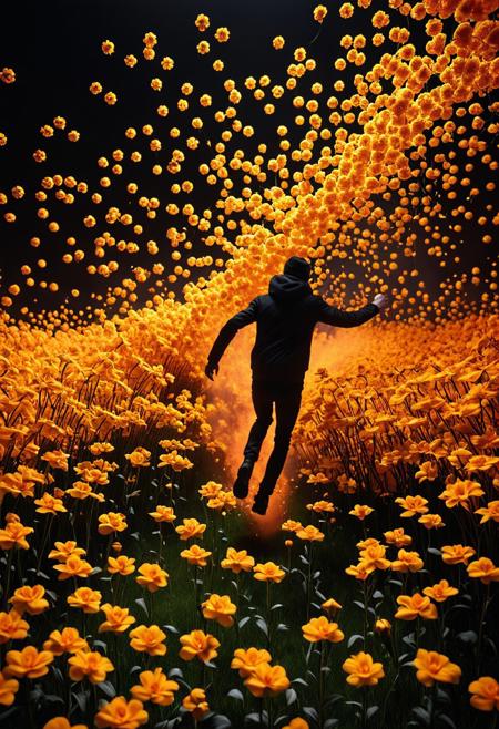 HavvoricFireDarkstyle 
A Human skipping through a field of fiery flowers, where only the flowers are line-drawn, creating a sense of playful contrast, immersive installation art style, high contrast lighting, cinematic shadow play, monochromatic palette, atmospheric minimalism, interactive spatial design, dramatic silhouette emphasis, experiential environment, conceptual contemporary art, poetic use of light and darkness, sensory-driven composition, reflective surface textures, dynamic motion capture, contemplative visual rhythm