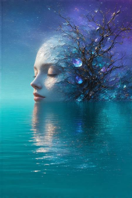 A colossal, androgynous face dissolves into a pristine alpine lake, its rippling silver surface fracturing into kaleidoscopic shards that bloom like liquid stained glass (low-angle view, face occupying 2/3 frame, dwarfed by jagged violet mountains). In the style of Salvador Dalí's dreamscapes fused with Leonid Afremov's impasto vibrancy: iridescent teal waters swirl with peacock blues and molten gold, while dawn's axial light casts prismatic halos through suspended mist. Velvet-textured cherry blossoms float atop mercury-like liquid, their petals mirroring eyelashes. Submerged clock gears glint beneath the surface, warping the reflection's jawline into cascading rubies. Air hums with chromatic aberration, skin tones shifting moss-green to coral where droplets kiss the water.