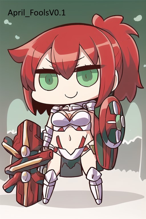 masterpiece, best quality, ((solo)), 1girl, smile, short_hair, navel, holding, green_eyes, weapon, red_hair, sword, chibi,...