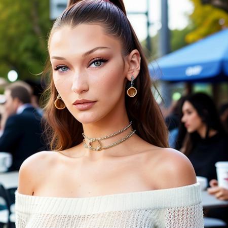 piercing eyes, looking straight, a 20 year old cute BellaHadid,wearing an off-shoulder sweater, choker, closeup portrait, in a outdoor cafe in 2015, afternoon light,  <lora:BellaHadid:0.6>