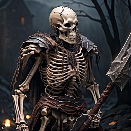 <lora:RPGSkeleton:1> skeleton:1.1, holding weapon, facing viewer, ribs, breastplate, axe,  depth of field, ((night)), crypt, realistic:1.3