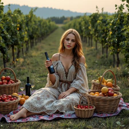 cinematic photo cinematic style, beauty, realism, photorealism, chiaroscuro, high quality, nai23face, a woman in a bohemian outfit, seated on a picnic blanket in the middle of a vineyard, sharing a bottle of wine with friends and surrounded by fruit baskets. 35mm photograph, film, bokeh, professional, 4k, highly detailed