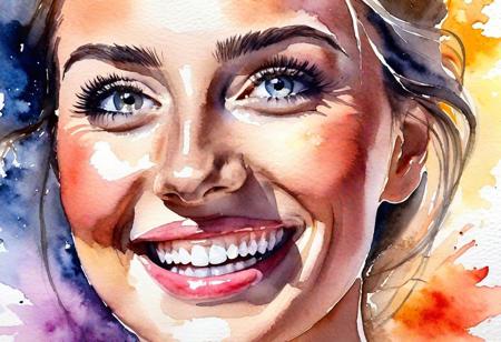 watercolor painting, closeup of a face of a happy woman having the ultimate climatic experience; happy relief