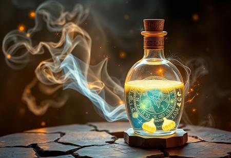 ancient mana potion, glowing ethereal liquid, shimmering with mystical energy, crystalline bottle, intricate runes carved into the glass, celestial blue and golden hues, softly glowing vapor rising from the potion, suspended particles of light within the liquid, swirling magical essence, divine aura, sacred elixir of the gods, delicate floral and herbal aromas, golden cap adorned with ancient symbols, floating in mid-air, surrounded by soft magical light, radiant energy pulsating from the potion, high resolution, photorealism, ((masterpiece)), aura of divine power, ancient and revered, soft glowing runes on the bottle's surface, potion bottle resting on a stone altar, cosmic patterns swirling in the potion, shimmering like the night sky, mythical ingredients infused within