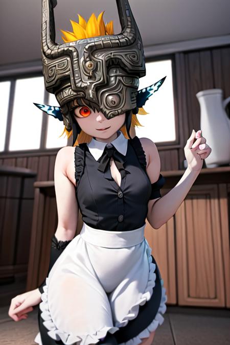 TFM_Midna ,  helmet, red eyes, pointy ears, 1girl, maid costume, maid apron, <lora:TFM_Midna:0.6>