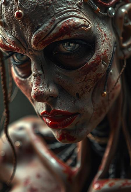 (highres, masterpiece:1.3), SHARP, CRU, HDR, 32K, ultra detailed, realistic, intricated, full body picture of a gorgeous biomechanical zombie realistic woman, red lips, highly detailed and textured, dutch angle, very realistic and impressive, fantastic dramatic color.