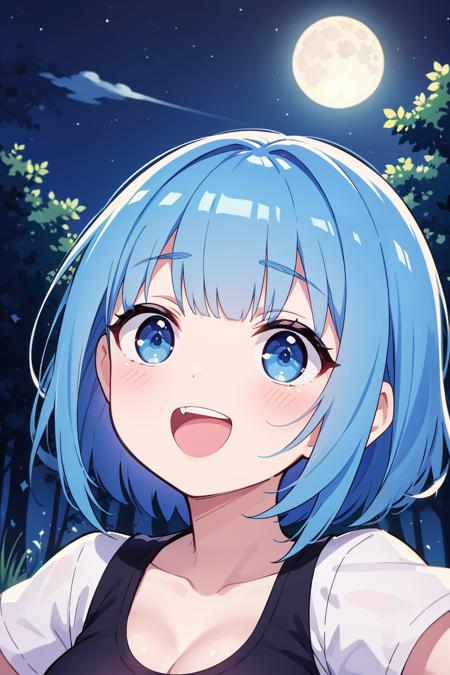 masterpiece, best quality, solo, petite,
short hair, blue hair, straight hair, blue eyes, t-shirt, open mouth, large breasts, light smile, blunt bangs, 
portrait, forest, night, moon,