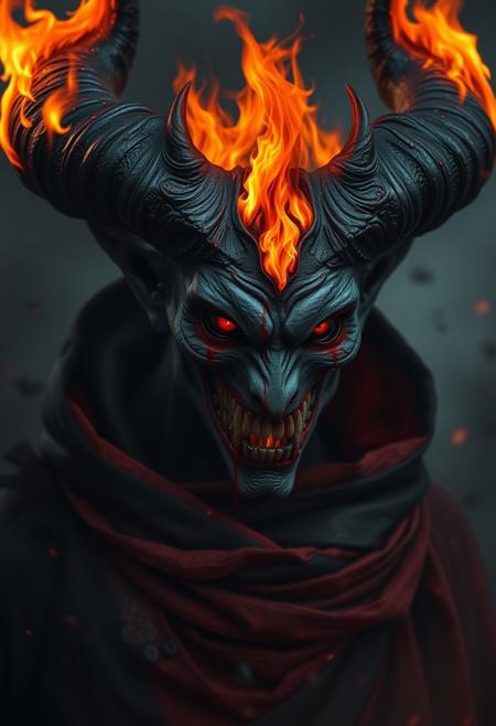 Photorealistic fantasy demon humanoid flames as hair, burning iris, black and red cloack, bloody smile, dark scenery, foggy, ashes