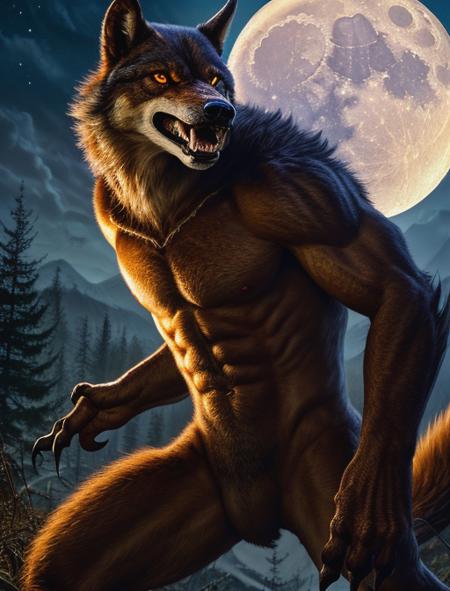 best quality, masterpiece, highres, detailed, realistic, <lora:Detail - add_detail:0.2>, Werewolf, monster,  <lora:Fantasy - Werewolf:0.8>, brown fur, howling, full moon,
