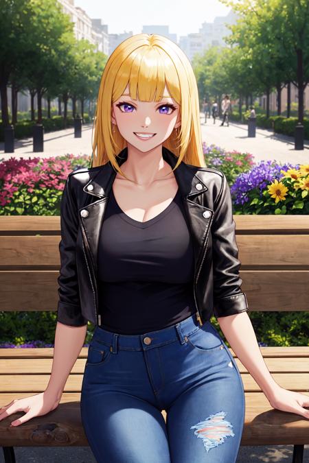 wide hips, (asymmetrical blunt_bangs), two tone hair, long hair, denim jeans, v-neck shirt, teeth, outdoors, park, park bench, dirt path, garden, flowers, violet eyes, solo, smiling, looking at viewer BodyPositive Best_QualityPos BadBoyVibes-GenderFree Earth-QualityPos