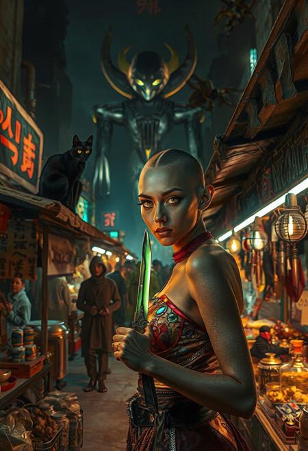 Setting is an extraterrestrial alien street market at night in a city of an extremely advanced extraterrestrial civilization, ((all writing is in an alien script)), ((all lighting is exotic and of an extremely advanced technology.,  the market is comprised of street vendors selling food, exotic technological wonders, and alien EXOTIC sexy clothing made from colorful iridescent fabrics. (((The many alien beings in view have a variety of appearances some are human-like, others are insectoid or feline or canine or reptilian, they are wearing a variety of clothing are walking through the street market shopping and eating))), A black cat with red collar sits on a nearby wooden roof at a market kiosk. Behind the a kiosk counter are containers of exotic goods, (((a beautiful woman with exotic features, 24 years old, is standing in the foreground facing the viewer with a glowing metal dagger in her hand. Her eyes are detailed and have the luminescence of fiery beautiful jewels focused on the viewer, she has an expression of interested curiosity))), the being is dressed in exotic style clothing of a completely exotic aesthetic. Enormous metallic statues and temples are visible in the background and around the scene and smaller statues are prevalent in the market, Epic image that elicits a feeling of wonder and awe, (((many types of aliens are walking around the market))),