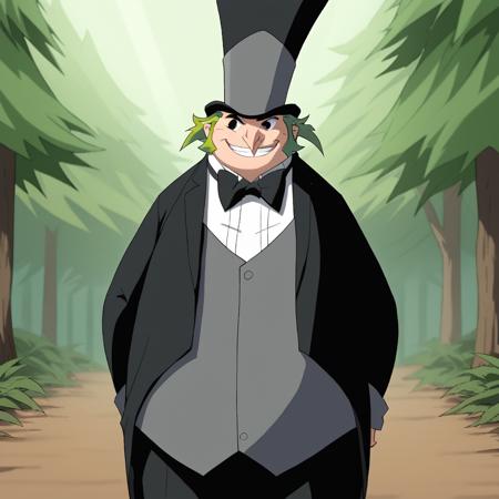 1boy, solo, oswaldcobblepot, green hair, black eyes, pointy nose, monocle white shirt, grey vest, black suit, bowtie, top hat, black pants, black footwear, fat opaque monocle