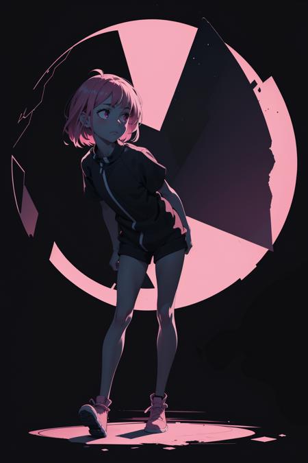 (silhouette:1.25), 1girl, dark background, blacklight, mid shot, full body, somber expression, looking down, dark energy, vibrant magenta, portal to another world, flat color, flat shading, ultra realistic, highres, superb, 8k wallpaper, extremely detailed, intricate, limited palette, pink