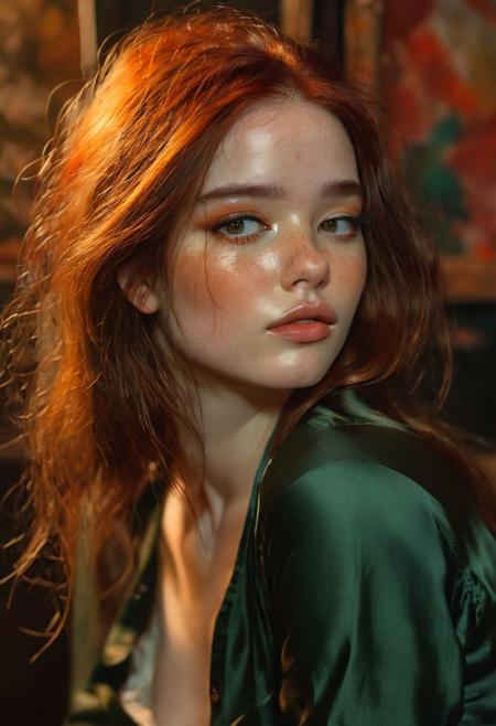Head and body (shot from above:0.7) of a beautiful girl, with pale skin and freckles, long red hair style, wearing an oversized dark green silk blouse and cutoff jeans, Sitting on a stool, legs dangling, looking up at the camera, volumetric lighting, vibrant colors, petite body,  Seductive, sexy, inviting, emotional, harmonious, vignette, 4k epic detailed, shot on kodak, 35mm photo, sharp focus, high budget, cinemascope, moody, epic, gorgeous, film grain, grainy, Gorgeous naturally perfect girl striking a dynamic pose, elegance captured in this portrait study illuminated by hdr lighting with soft lights lighting her smooth skin, face detailed, gazing into the camera, soft lips, asymmetrical balance achieved within a complex tableau, tempera rendering employing matte chiaroscuro technique, infusing a nightmare cinematic painting aesthetic, etched outlines standing against a backdrop of fragmented darkness, analog style, 8k, detailed, intricate artwork, influenced by the styles of Anders Zorn and Pino Daeni, Aleksi Briclot, Jose Royo, Boris Vallejo, Julie Bell, Carne Griffiths and Brian Froud, Buck Brown, Russ Mills, Sakimichan, Wlop, Loish, Artgerm, Darek Zabrocki, Takato Yamamoto and Jean-Baptiste Monge,, incredibly natural beauty, seductive eyes, perfecteyes, green eyes,