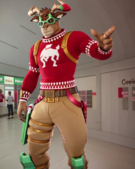 <lora:Fortnite_Dolph:0.6>, Fortnite_Dolph, Novelty Glasses, Christmas Sweater, Belt, Christmas Stocking, Christmas Lights, Candycane, Pistol Holster, Christmas Ball Ornament, Khaki Pants, Shin Guards, Boots, volumetric lighting, (((heroic pose, shopping mall))), cgi, 3d, octane render, clouds, ambient occlusion