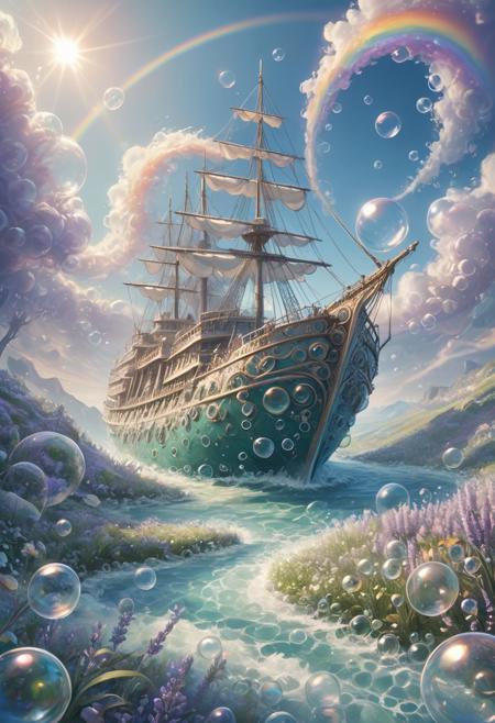 A breathtaking, hyperrealistic digital painting, a surreal, dreamlike landscape, rendered in a whimsical pastel color palette. The planet’s surface is intensely marbled with swirling patterns of lighter and darker hues, radiating a soft, diffused glow from below, casting ethereal shadows across the scene. In the sky clouds of rainbow bubbles drift, Below, a sinuous, winding path constructed of polished, smooth crystal material spirals downwards towards the viewer, leading into a dense, swirling bubble field – countless iridescent bubbles in shades of white, lavender, shimmering blue, and emerald green float freely, creating a hazy, dreamlike atmosphere. A sleek, battle-scarred, futuristic scout ship pierces through a turbulent, alien atmosphere, its polished silver hull and orange thrusters contrasting against a hazy, luminous planet enveloped in swirling blue and green clouds, dramatic volumetric lighting emphasizing its speed and power, creating a sense of vastness, adventure, and intense exploration – 8k resolution, trending on ArtStation.