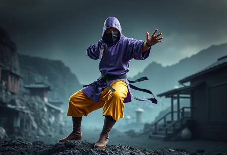 Senior Silver Ninja man, vibrant purple-yellow gi, black mask, red chest star, brown boots, dynamic action pose, arms outstretched, ready stance, against stark hidden village background, cinematic 4k, high-res matte painting, splash ink illustration, octane render, unreal engine 5, Raphael/Houdini style, captivating lighting, impeccable composition, creative angle, golden ratio, trending on Artstation, CGSociety.