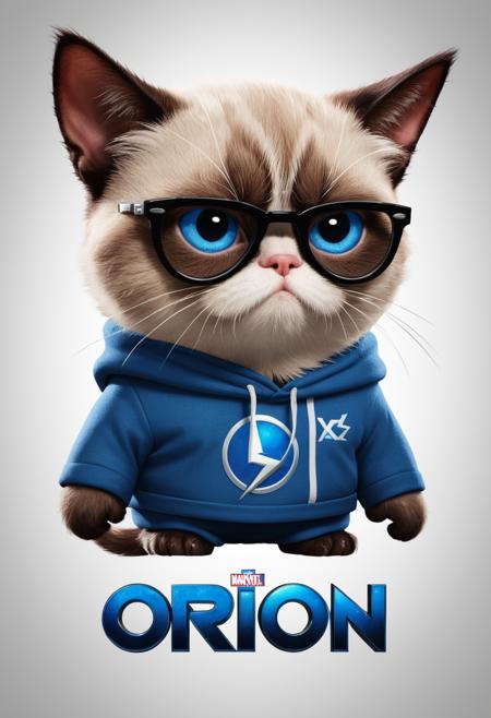 a (movie poster with title and text graphics:1.3) (under the title banner text logo "O\R\I\O\N":1.5), a cartoon network style drawing of grumpy cat in the marvel