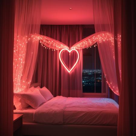 <lora:JJsLoveHotel_XL:.5> ((Love Hotel)) ,realistic, best quality, masterpiece , ((soft lighting)), heart, silk, reflection,night, mirror, window, curtains, ((a romantic scene))  ,RAW photo, (high detailed), dslr, high quality, (ultra realistic), Fujifilm XT3, ceiling light, dramatic lighting,shape of heart, neon light,bed, lightbulb, curvy ceiling,transparent curtain,