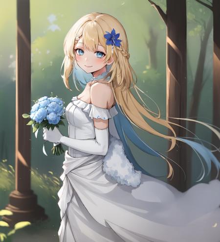 <lora:G36Wedding:1>,solo,g36Wedding,1girl,blond hair,blue eyes,braided bangs,blue hair flower,choker,bare shoulders,shawl,elbow gloves,white dress,long hair,