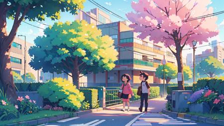 photography, animecity university building, cable, pedestrian, tree, flower, at dawn, pastel color, <lora:ARWAnimeCity:1>