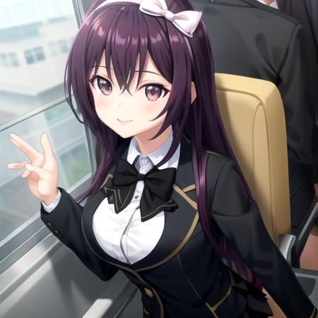 ((masterpiece)),(best quality),official art,extremely detailed CG,unity 8k wallpaper,ultra detailed,train interior,1girl,solo,upper body,(portrait:1.2),looking at viewer,very long hair,hair between eyes,large breasts,white shirt,collared shirt,dress shirt,black skirt,miniskirt,pleated skirt,zettai ryouiki,smile,black jacket,school uniform,purple hair,hairband,brown eyes,hair bow,black bow,black bowtie,black thighhighs,loafers,long sleeves,bangs,<lora:Amase Manami(cur)>,