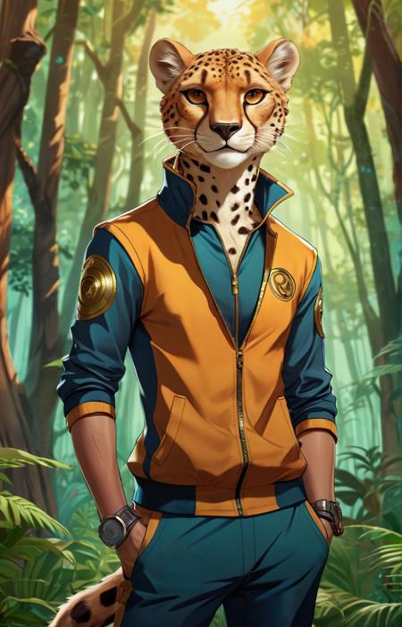 don bluth, loish, artgerm, joshua middleton, steampunk, clockpunk anthropomorphic cheetah, wearing a track suit, smiling, symmetrical eyes symmetrical face, colorful animation forest background