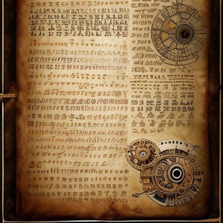 (manuscriptai)++, a ancient manuscript page, a machine on it, steampunk style