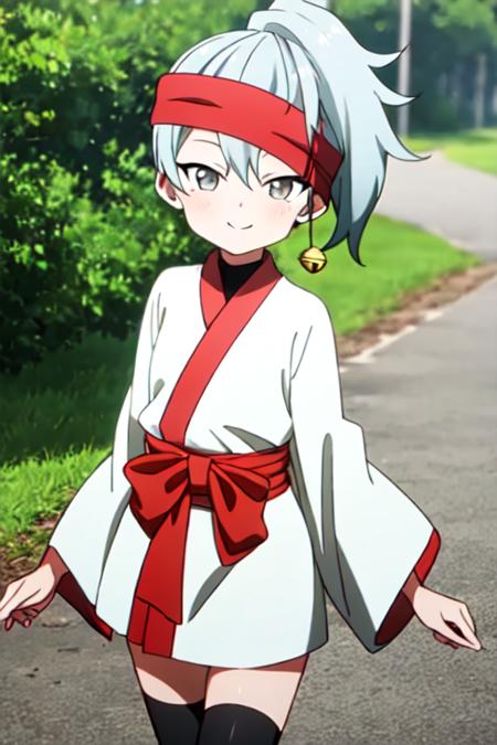 masterpiece, best quality, <lora:kunoichi_uikyou:0.7> 1girl, solo, grey eyes, grey hair, ponytail, red headband, single jingle bell, white kimono, one long sleeve, wide sleeve, black legwear, looking at viewer, cowboy shot, light smile, short hair,