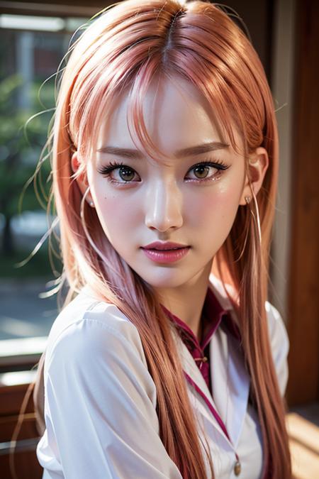 asian 8k,hdr, beautiful, cute, masterpiece, (best quality:1.5), (realistic:1.5),(photorealistic:1.5),ultra detailed, detailed face, realistic face, (realistic skin:1.37), (intricate:1.5), woman, solo, blunt bangs, pink hair, pale skin, (close-up photo:1), portrait photo, perfect lighting, (school uniform), (thigh high),(class room), slim, slender, natural makeup, smiling