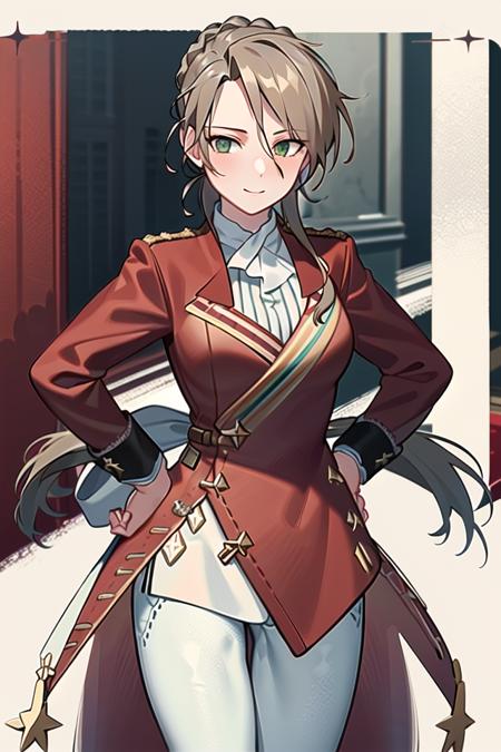 mlemk1gfl, (masterpiece:1.3), best quality, high quality, absurdres, (cowboy shot:1.2), 1girl, solo, delicate face, detailed face, red coat, knee boots, white pantyhose, (high heels), braid, standing, (clenched hands:1.2), (hands on hips), smile, simple background, (white background), <lora:mlemk1gfl_v2e1:1>