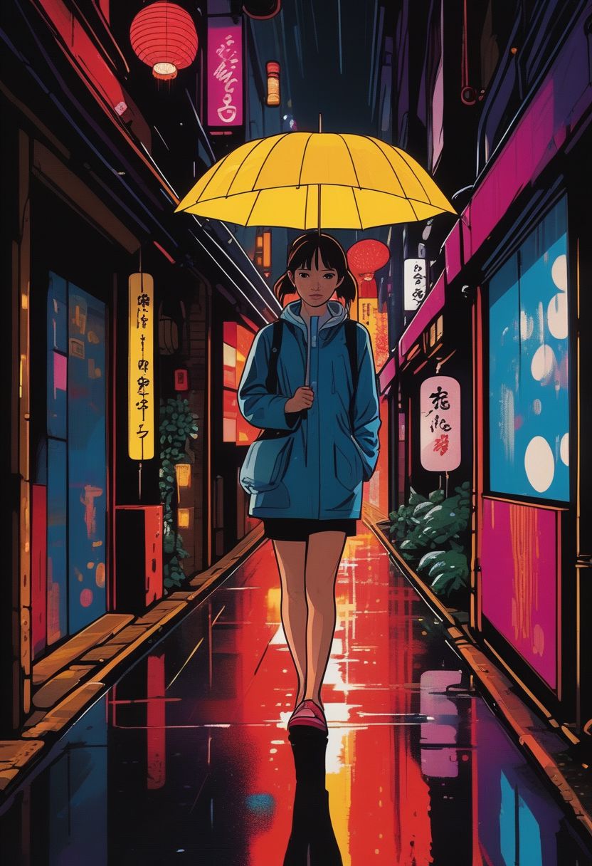 A girl whit a transparent umbrela walking on alley street of kabuk sho in a rainy day at tokyo. bluish, yellow and red lig...