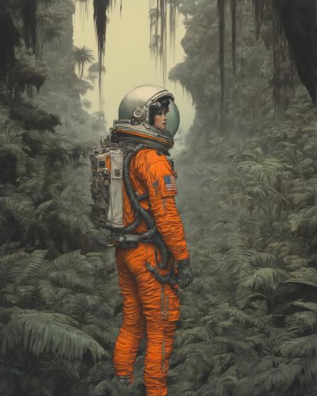 johnmortensen drawing of an Ultra realistic long shot of a female Astronaut in a Jungle with a big scary alien talking to her, photograph, broken helmet tangerine cold color palette, muted colors, detailed, 8k