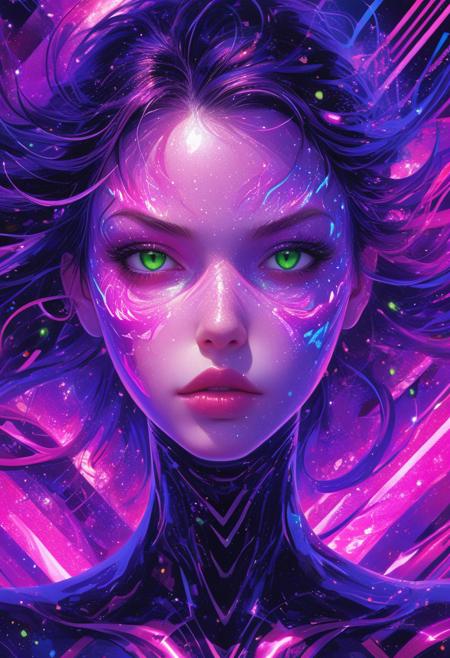 score_9, score_8_up, score_7_up, (absurdres, best quality, masterpiece:1.4), score_9, score_8_up, score_7_up, score_6_up, detailed, detailed body, detailed face, fantasy, lora:add-detail-xl:1.5, easynegative, anime, cyberpunk, expressive, deedees, g4n1m3, comicbookpage style. (Toxic neon greens, purples, pinks with glowing glitters), sharp, serene expression with closed eyes, (toxic swirling marble-like patterns) on face and neck, (op-art background) with undulating wavy neon stripes, (geometric zigzag pattern) radiating from central glowing black void, (glowing neon glitter accents) embedded within the swirling colors, (smooth gradients of vibrant, glowing colors), (bold contrast with glittering effects), depth and dynamic movement in background, (organic flowing textures), (harmonious blend of human form and abstract background), striking visual depth with sharp geometric precision, (hypnotic aesthetic), layered symmetry, fluidity of form and background, (cinematic lighting), hyper-realistic rendering, sharp focus, artistic surrealism.