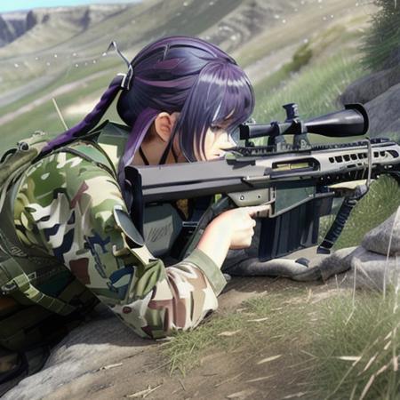 weapon, gun, holding weapon, camouflage,sniper rifle, outdoors, holding, holding sniper, twintails, rainbow hair,bag, long sleeves, tree, blue eyes, scope, bangs, jacket, blush,  grass, trigger discipline,masterpiece, sharp, ultra detailed, 8k,(high detailed skin:1.2),(high detailed face:1.2) , 50mm,  <lora:sniper50mm-000002:1>