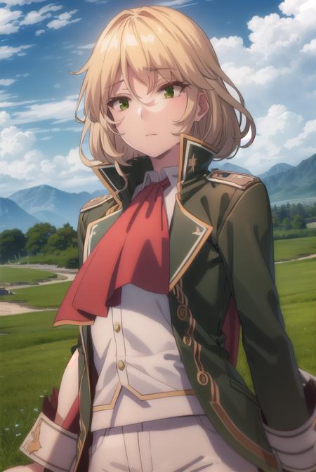 healerblade, <lora:healer blade s1-lora-nochekaiser:1>,
blade, blonde hair, (green eyes:1.5), short hair, hair between eyes,
BREAK long sleeves, pants, cape, uniform, military, ascot, white pants,
BREAK outdoors, forest, nature, trees, grass, sun, sky, clouds,
BREAK looking at viewer, (cowboy shot:1.5),
BREAK <lyco:GoodHands-beta2:1>, (masterpiece:1.2), best quality, high resolution, unity 8k wallpaper, (illustration:0.8), (beautiful detailed eyes:1.6), extremely detailed face, perfect lighting, extremely detailed CG, (perfect hands, perfect anatomy),