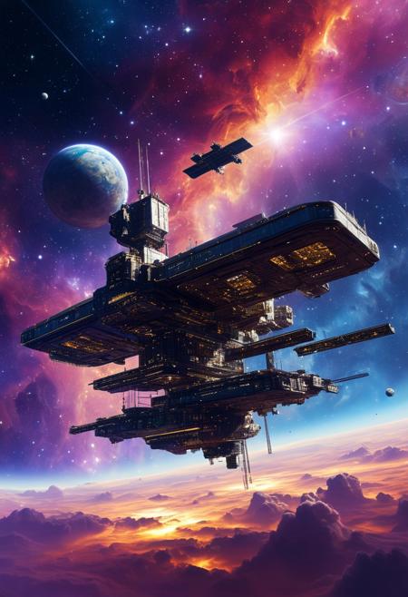A digital artwork, a floating colossal space Station seen in bits, surrounded in a vast space nebula, eerie atmosphere