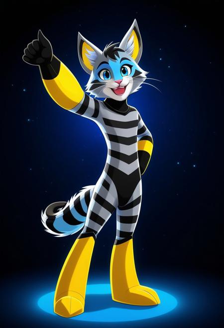Character,Rocky, Rocky Rickaby, blue eyes, striped fur, striped, pointed ears, eyebrows, smiling, yellow markings, grey body, grey fur, tail, long tail, blue sclera, black ears, cat ears, black cat ears, male anthro cat,, fullbody, full body shot, cartoon style, proud face, excited pose, in the style of golden future. Black background, sparks are flying as meteor shower, colored baroque geometric patterns float around the canvas in the style of colorful digital art, neon lights, surrealism, high contrast, vibrant colors, psychedelic patterns, ethereal glow. The overall mood should be one of happy tomorrow and hopefull beauty