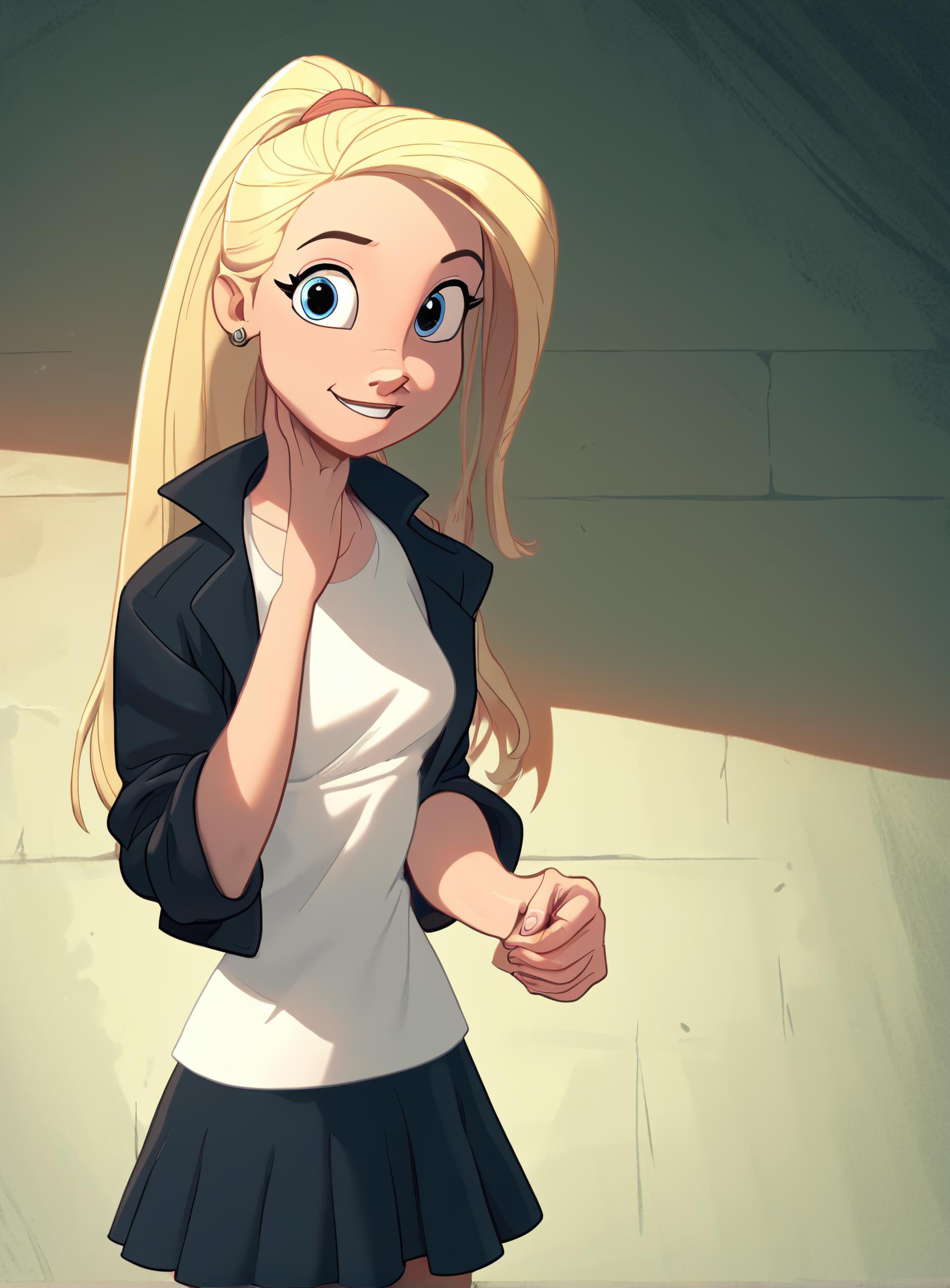 score_9, score_8_up, score_7_up,    1girl, tom bancroft style, digital shaded cartoon art, wr, black jacket over white shirt, short black skirt, long blonde hair, ponytail, stylized,  cute, pretty, looking at viewer, casual