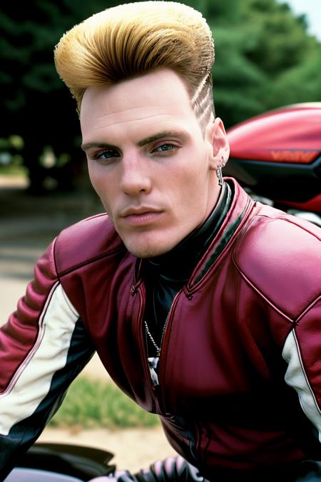 photo of a skinny vanilla_ice,  kawasaki (motorcycle:1.3), closeup, pompadour, jewelry <lora:vanilla_ice:1>