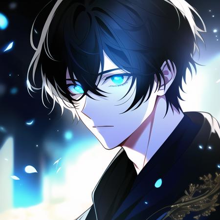 looking at viewer, ((1boy)), male focus, black hair, (detailed hair), ((very short hair)), half-closed eyes, (glowing eyes), blue eyes, outdoors, breaking, closed mouth, ((dark aura)), fantasy, black jacket, highres, superb, 8k wallpaper, extremely detailed, intricate, award-winning, hyper-detailed, hard lighting, intricate details, eyes focus, (illustration:1.1), highres,  trending on artstation, ((dynamic pose)), upper body, manhwa, (((masterpiece))), (highest quality), ((perfect face)), very deep eyes, (cinematic lighting), detailed eyes, best quality,  sidelight, highres, (intricate details), detailed finger