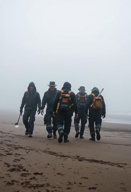 Storyboard: A group of six workers, dressed in dark, worn clothing and carrying tools and backpacks, are seen slowly walking on a desolate, fog-covered beach.