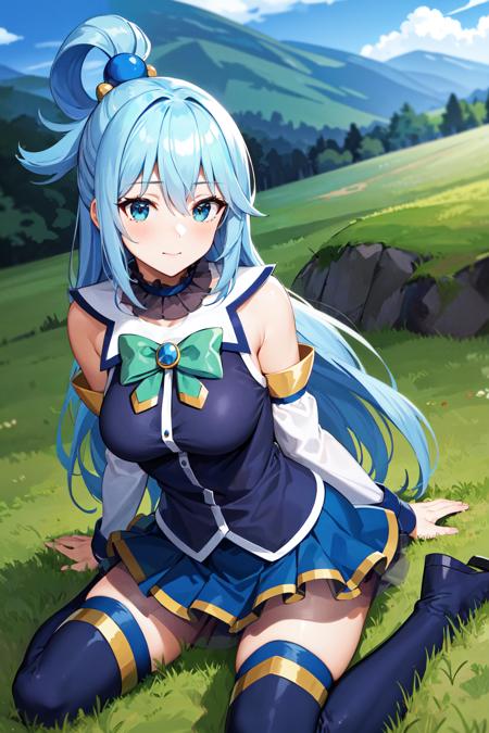 masterpiece, best quality, highres, aaaqua, long hair, blue hair, hair rings, hair ornament, choker, bare shoulders, green bow, blue shirt, detached sleeves, blue skirt, thighhighs, <lora:aqua_(konosuba)_v1:0.7>, :q, wariza, grass, thighhighs under boots,