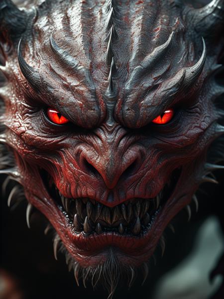 Close-up view of a monstrous creature's face, centered in the frame, (detailed texture:1.2) with a ferocious expression, showing sharp teeth bared in a menacing growl, eyes glowing red, showcasing dark, complex shadows and highlights across the face. The creature's skin appears like rough, aged bark, with varying shades of brown and dark tones, contrasting with the stark light in the eyes. The overall mood is dark and ominous, evocative of a mythical beast. High detail digital art, stylized illustration, photorealistic, epic scale, dramatic lighting, (intricate details: 1.1), intense, (red eyes: 1.2),
 <lora:CINE-000008:1> CINE ,<lora:unholy-000009:0.51> ,<lora:BeautyInEvilXL:0.51> hkevil