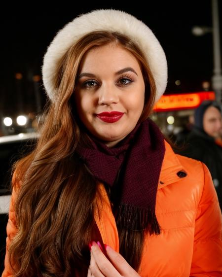 ludo, pink coat, scarf, winter hat, ((contrapposto)) professional portrait of 1girl (Makeup: eyeliner, eye shadow, lipstick) (wavy hair, orange hair), lips, youthful, pretty face, blue eyes, face details, looking at viewer, parted lips,(neon lights blurry, city, urban)
