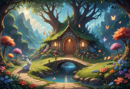 (Isekai anime style.Anime coloring.(0.9))In a whimsical world, a beautiful fairy garden blooms with vibrant flowers and sparkling fountains. A delicate, crystal bridge spans a gentle stream, leading to a majestic tree with leaves that shimmer like diamonds. A friendly, fluffy rabbit hops along the winding path, surrounded by fluttering butterflies and sweet, singing birds. The garden is filled with hidden treasures, like a tiny, glowing fairy door and a secret, shimmering cave. A soft, fluffy cloud drifts lazily across the sky, casting a warm, gentle shadow over the garden. The air is filled with the sweet scent of blooming flowers and the soft, soothing sound of gentle chimes. It's a peaceful, magical place where dreams come alive and wonder waits around every corner.master_class,master_piece,up_8,up_9,perfect beautiful,perfect beautiful early morning light.