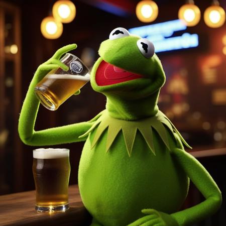 Kermit1024,a muppet frog, ((full body)), drink beer in a pub, neon lights sign "Kermit" , highly detailed, photography, ultra sharp, film, bokeh, professional, 4k  <lora:add-detail-xl:1.5>   <lora:Kermit1024:0.8>