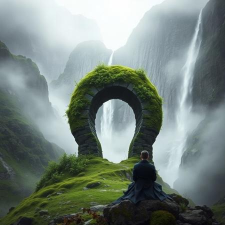 Surreal, fantasy-style image featuring a large, circular stone archway covered in patches of green moss and vegetation. The archway is set against a dramatic, misty mountain landscape with steep cliffs and a cascading waterfall in the background. In the foreground, a solitary figure dressed in dark clothing sits on a rock, facing away from the viewer, adding a sense of scale and contemplation to the scene. The overall color palette is muted with shades of green, gray, and white, creating a mystical and serene atmosphere.