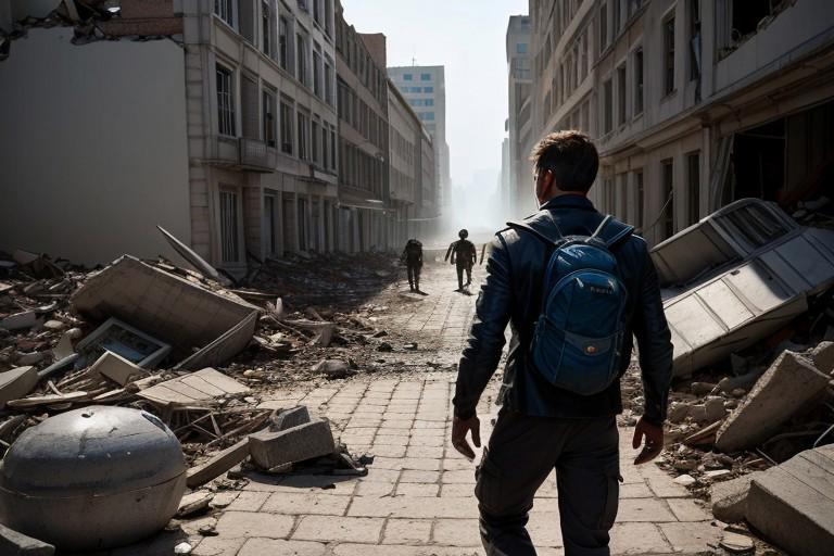 A photorealistic image of Eli, the wild adventurer, walking a narrow path through the devastated city. His leather jacket is dusty from travel and his muscular form moves effortlessly through the rubble of the city. Her shoulder-length, wavy brown hair is tied into a ponytail, and her piercing steel-blue eyes scan the dark, mysterious surroundings cautiously. A scar above his left eyebrow catches the sunlight that filters through the city. He wears beige cargo pants, sturdy boots, and a lightweight backpack filled with essential survival tools. The city is destroyed, the buildings are in rubble, spectacular shadows. ultra-high resolution natural lighting, 8K detail and deep contrast showcasing the textures of his clothes and the city. extra wide shot. lots of people in the city. rear view. imax high definition