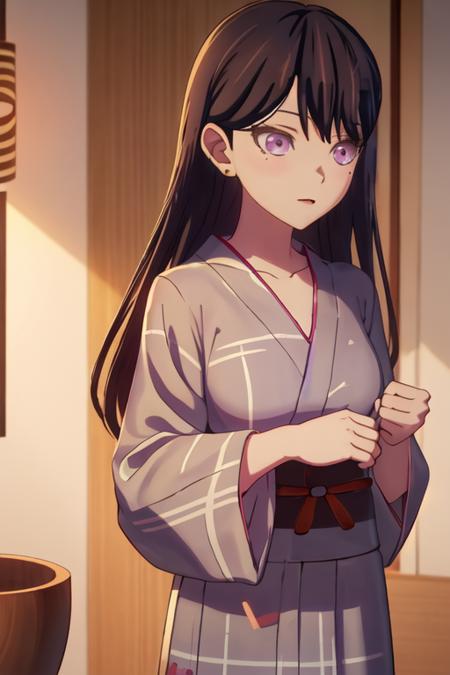 best quality, masterpiece, highres, solo, {yukata:1.40}, {kimono:1.20}, {shiina_taki_bangdreamitsmygo:1.15}, long_hair, black_hair, purple_eyes, mole_under_eye, mole, bangs, indoors, brown_hair